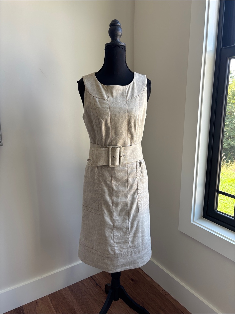 Etcetera Neutral Beige Belted Sheath Dress